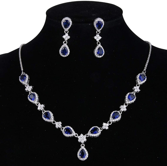 Women's Silver Tone CZ Teardrop Flower V-Necklace Sets - Picture 5 of 6